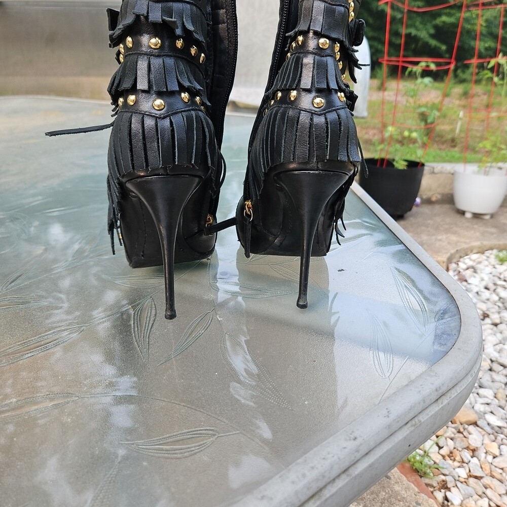Giuseppe Zanotti Black Fringe High Heel Ankle Boot with Gold Buckles - Picture 3 of 6